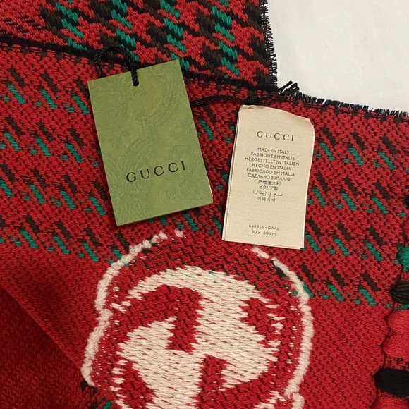 Gucci Interlocking GG Logo Red & Green Houndstooth Wool Tassel Scarf - Picture 7 of 12